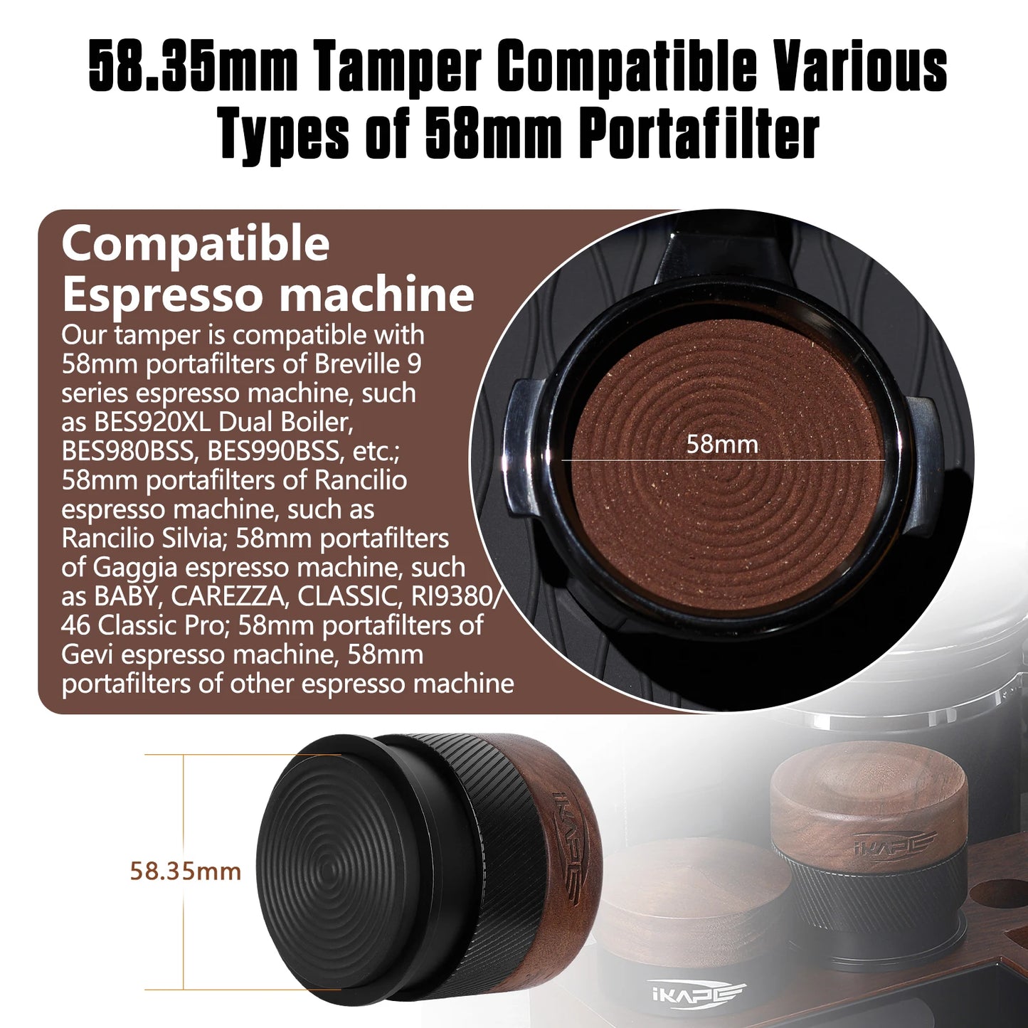 Tamper de Café IKAPE V4 de Madera – Prensador Calibrado con Base PVD de Titanio y Resorte Ajustable, Compatible con Portafiltros 51/54/58mm