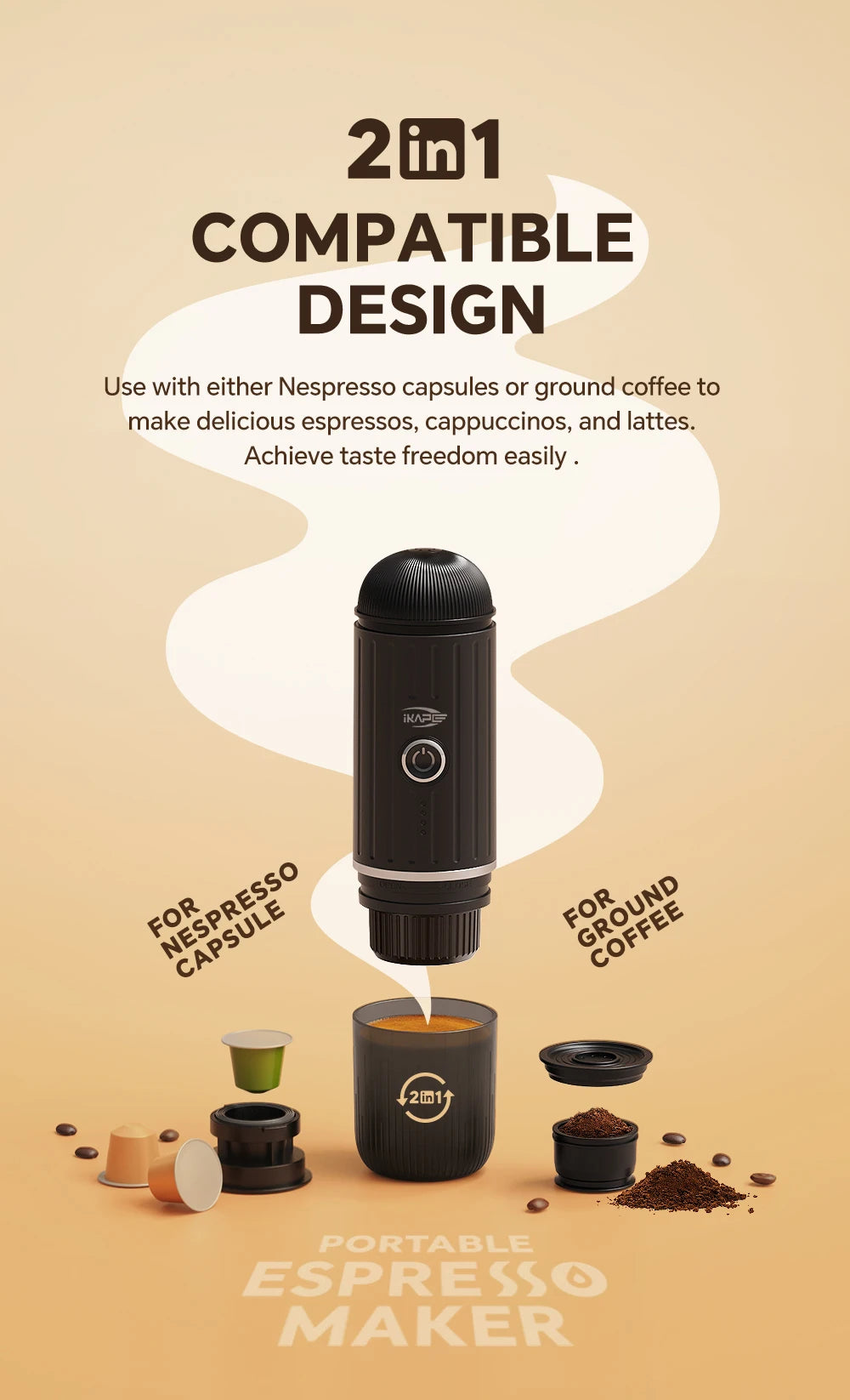 Cafetera Espresso Eléctrica Portátil IKAPE – Compatible con Cápsulas y Café Molido, Agua Caliente/Fría para Camping, Senderismo y Hogar