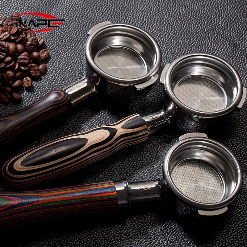 IKAPE portafiltro sin fondo para Delonghi, Barsetto, Berivlle, Lamarzocco, Flair58, ECM, Lelit, wega, mango de madera de color 51, 54, 58mm