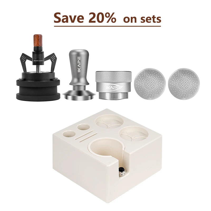 Set de Herramientas para Café Espresso IKAPE – Juego de 6 Piezas con Caja ABS Smile Knock y Tamper V3 (Negro/Plateado)