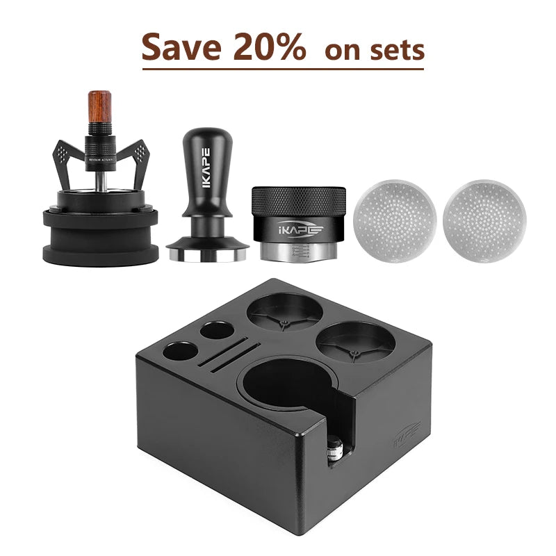 Set de Herramientas para Café Espresso IKAPE – Juego de 6 Piezas con Caja ABS Smile Knock y Tamper V3 (Negro/Plateado)