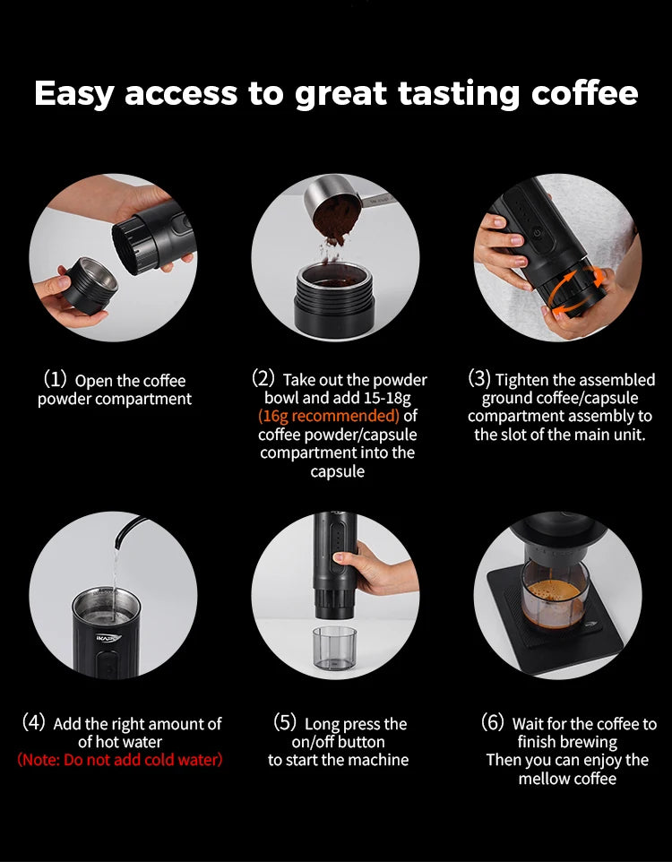 Máquina de Café Espresso Portátil IKAPE 2 en 1 – Compatible con Cápsulas y Café Molido, Extracción de Alta Presión para Viajes y Camping