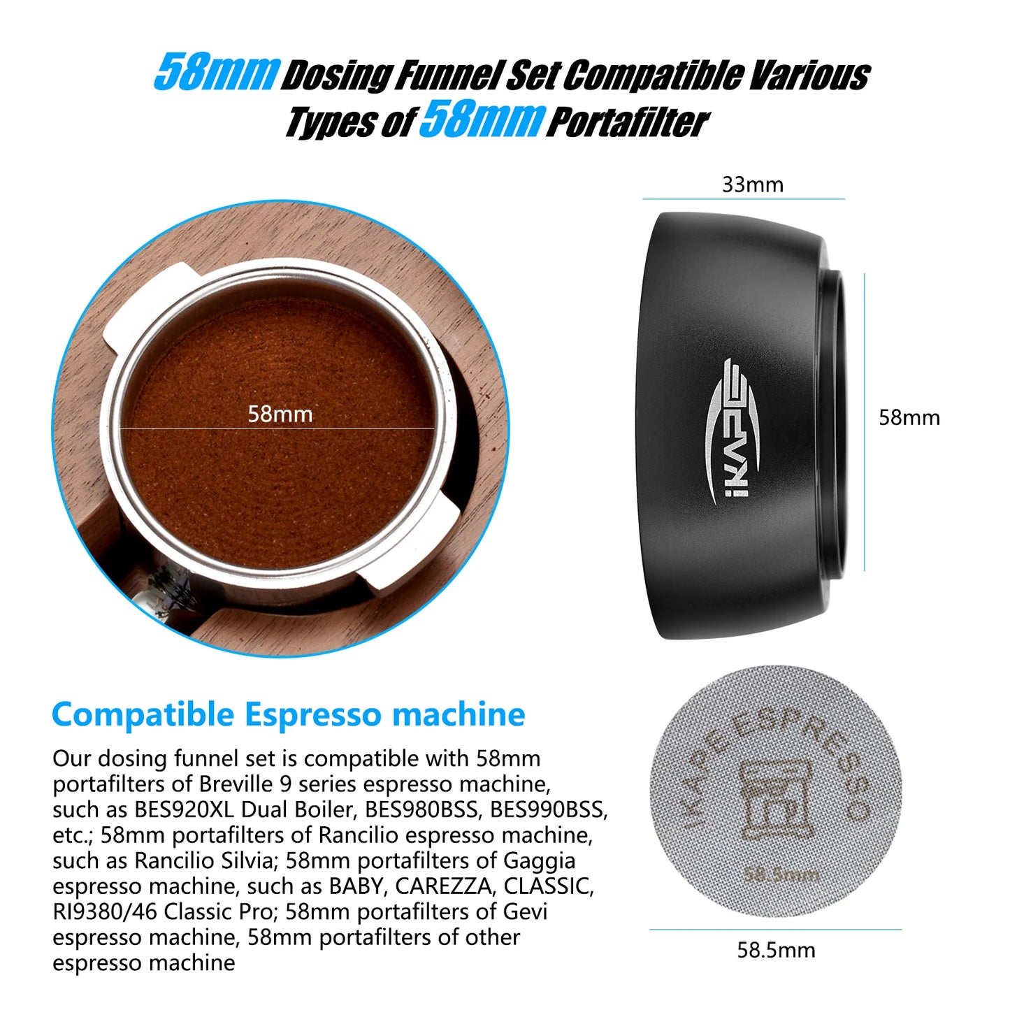 Set de Embudo Dosificador Magnético IKAPE – Anillo de Distribución y Puck Screen para Portafiltros Sin Fondo de 58mm con Imán de Alta Potencia