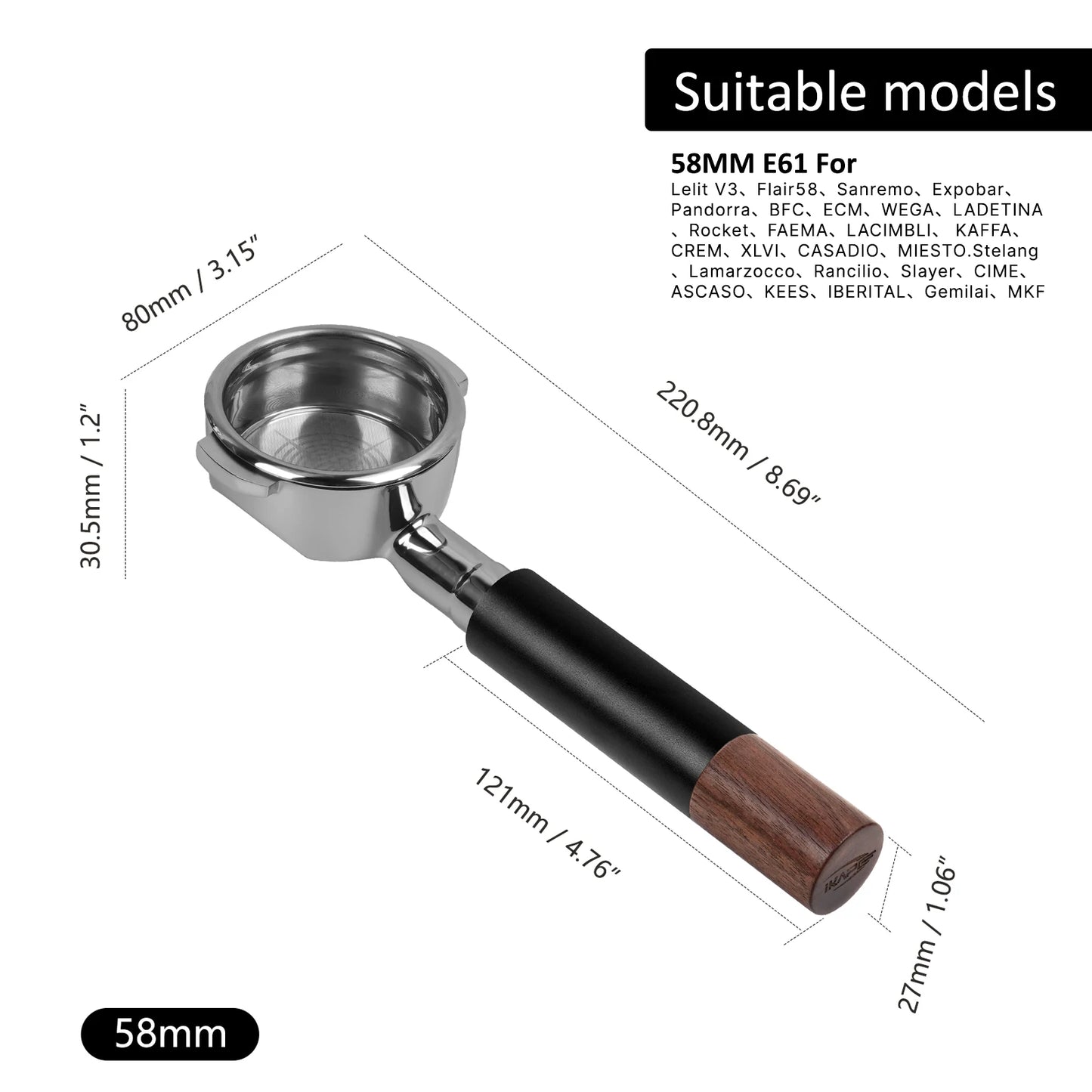 Portafiltro Sin Fondo IKAPE 51/54/58mm – Mango de Nogal y Acero Inoxidable con Cesta de Precisión para Espresso Profesional (Negro)
