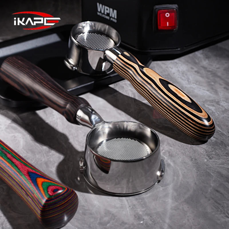 IKAPE portafiltro sin fondo para Delonghi, Barsetto, Berivlle, Lamarzocco, Flair58, ECM, Lelit, wega, mango de madera de color 51, 54, 58mm