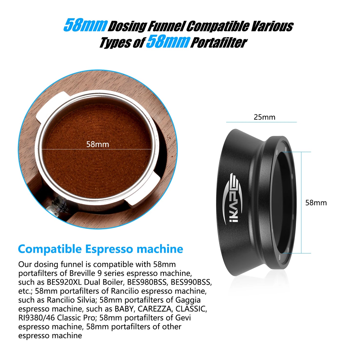Embudo Dosificador Magnético IKAPE para Café Espresso – Compatible con Portafiltros de 51 mm, 54 mm y 58 mm con Fijación Magnética Potente (Negro/Plateado