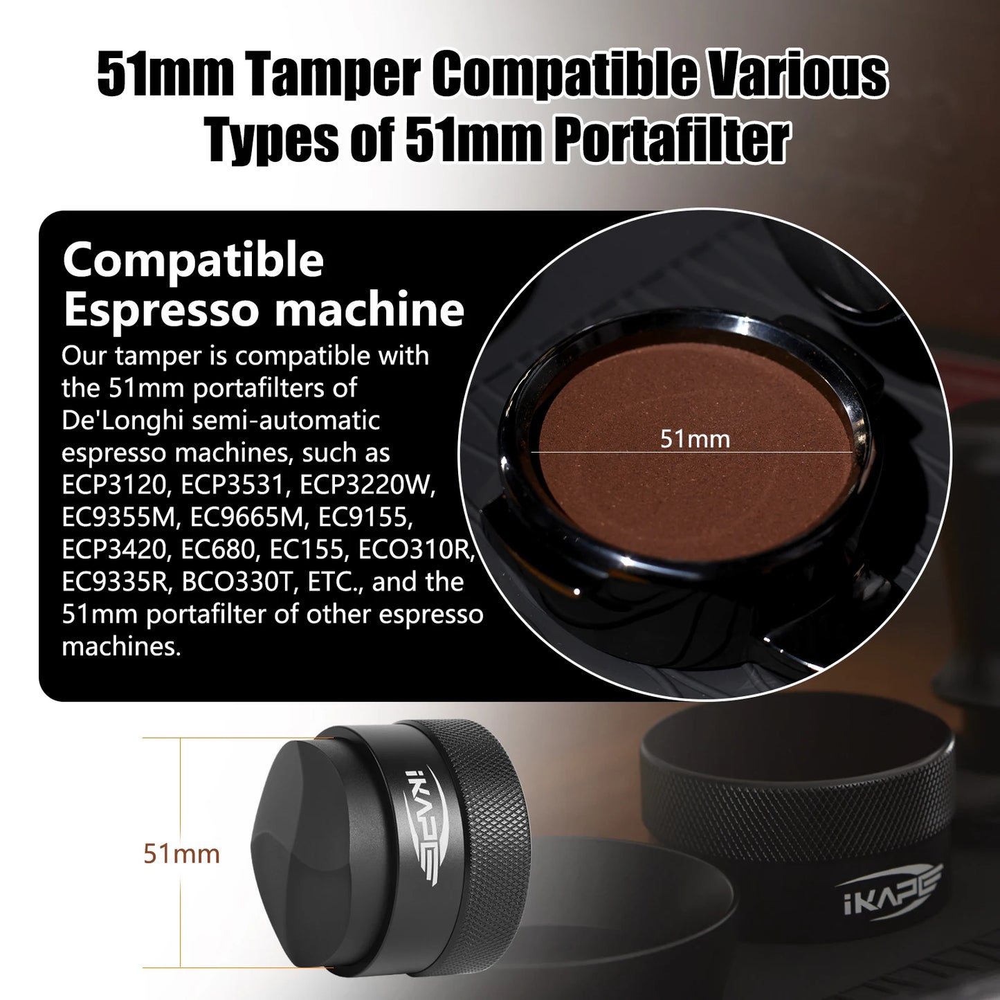 Distribuidor de Café Espresso IKAPE 51/54/58mm – Distribuidor por Gravedad con Base PVD de Titanio para Portafiltros Universales