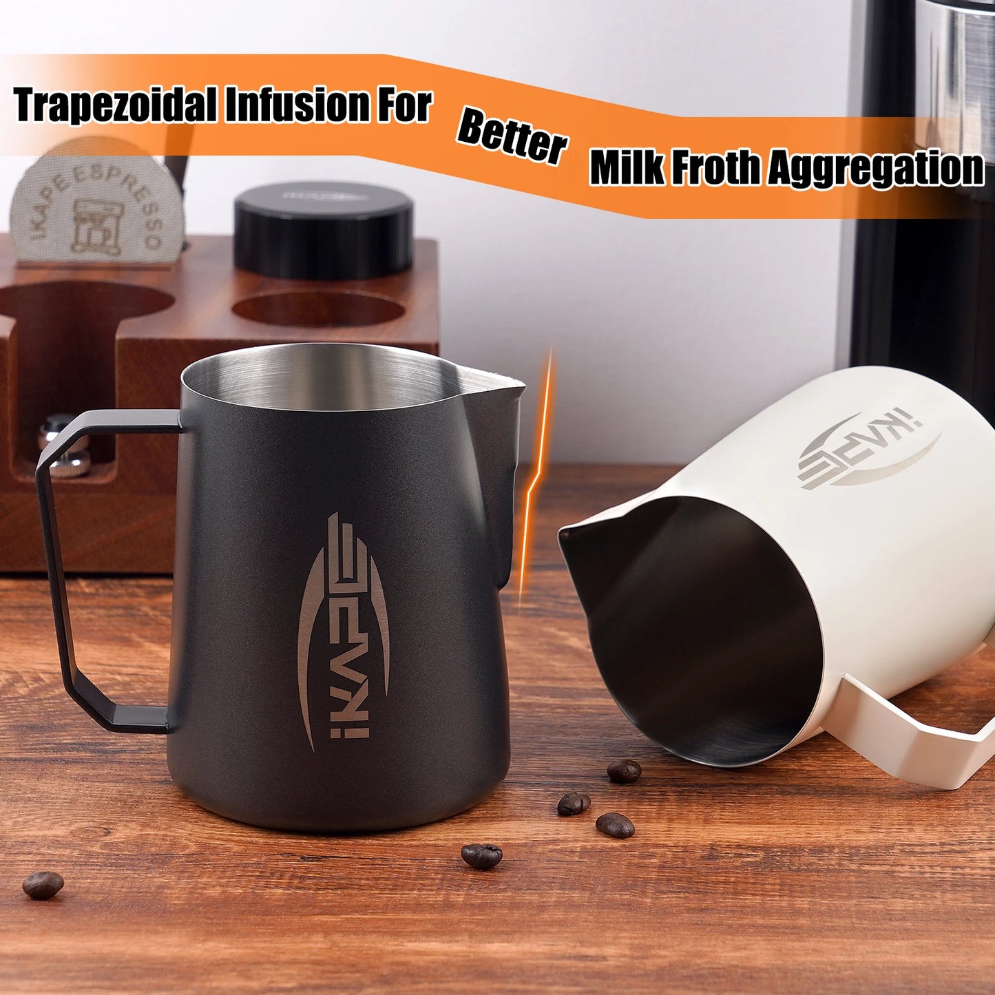 IKAPE-Pitcher de acero inoxidable para espumar leche, lanzador de vapor para Barista, Cappuccino Latte, color negro