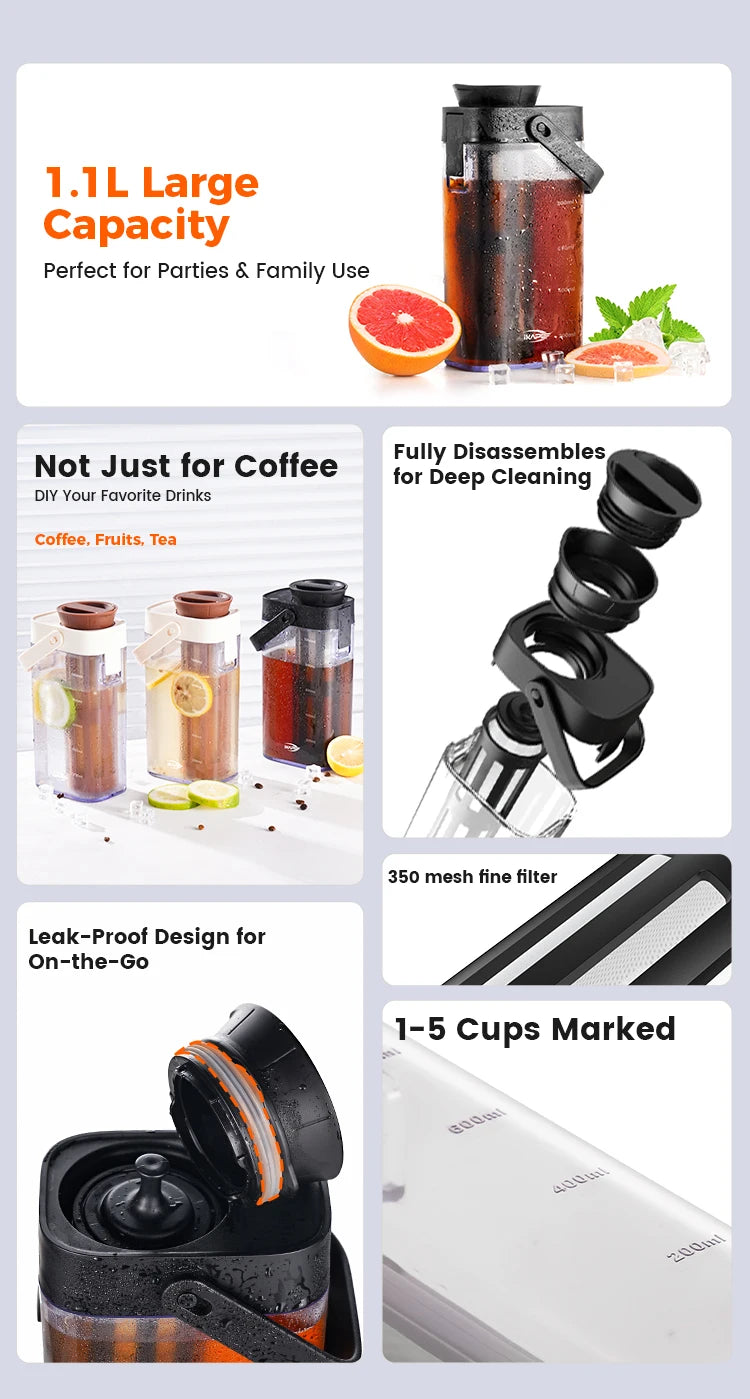 IKAPE 1L cafetera de preparación fría jugo té filtro hervidor de agua hogar, cafetera de diseño desmontable, botella de agua para acampar al aire libre