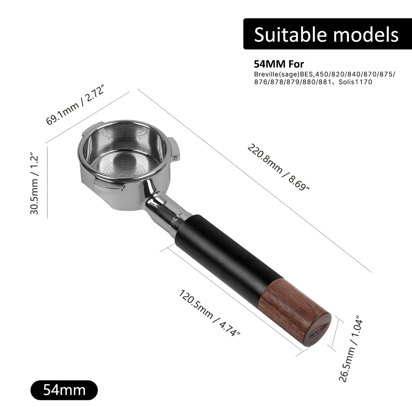 Portafiltro Sin Fondo IKAPE 51/54/58mm – Mango de Nogal y Acero Inoxidable con Cesta de Precisión para Espresso Profesional (Negro)