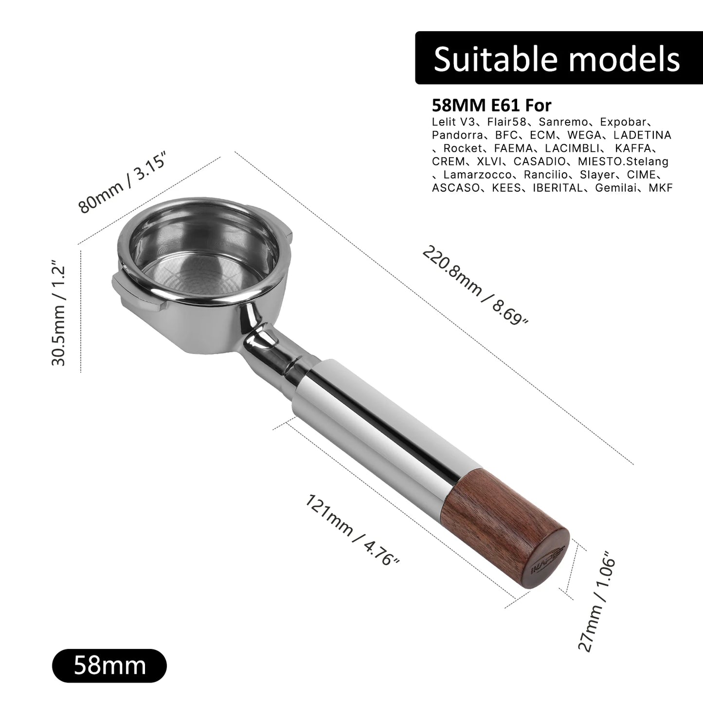 Portafiltro Sin Fondo IKAPE 51/54/58mm – Mango de Nogal y Acero Inoxidable con Cesta de Precisión para Espresso Profesional (Negro)