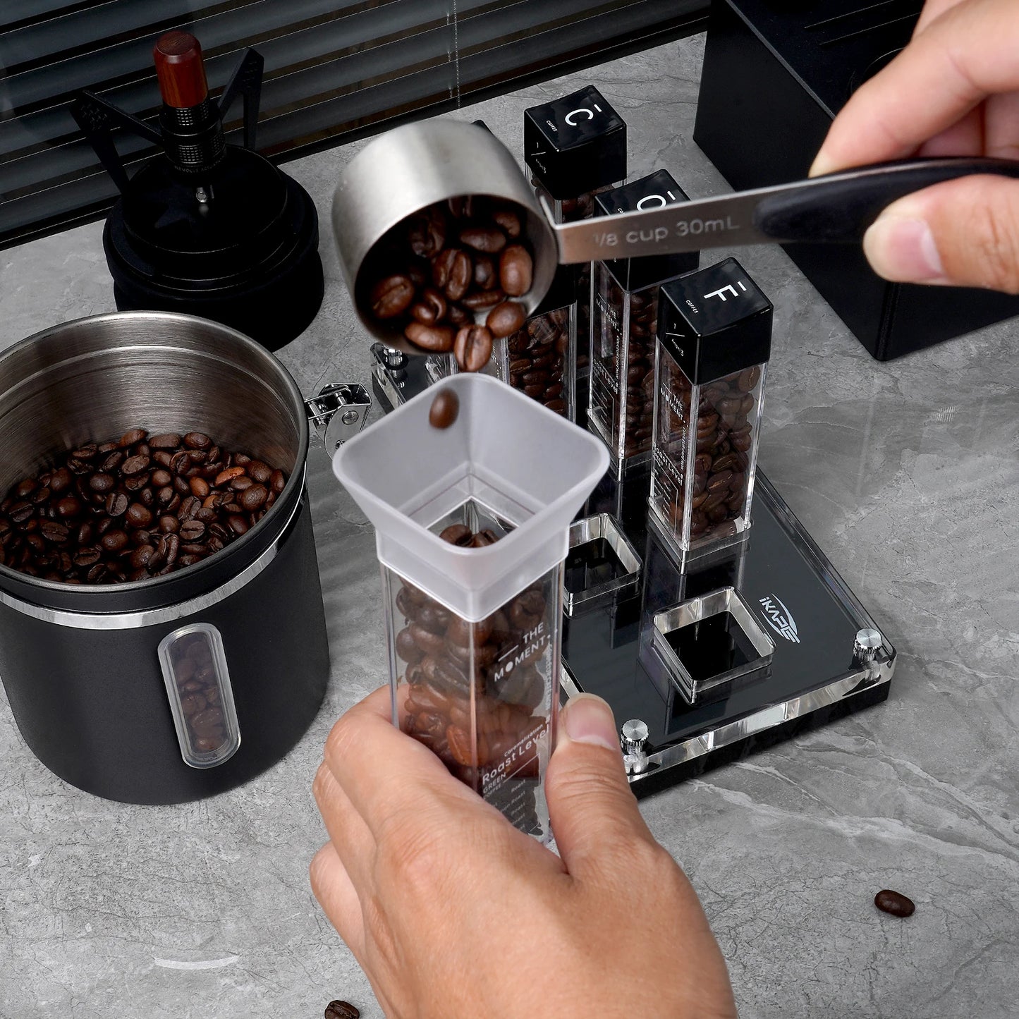 Tubo Dosificador de Café IKAPE – Set de 6 Tubos de Almacenamiento con Tolva para Granos de Café, Ideal para Medición y Organización