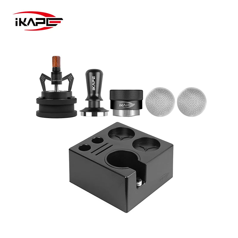 Set de Herramientas para Café Espresso IKAPE – Juego de 6 Piezas con Caja ABS Smile Knock y Tamper V3 (Negro/Plateado)