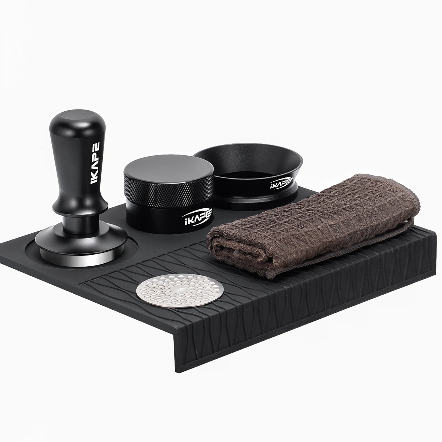 Kit de Café Espresso IKAPE 6 en 1 (Blanco) – Tamper, Distribuidor y Tapete de Silicona para Portafiltros 51/53/58mm