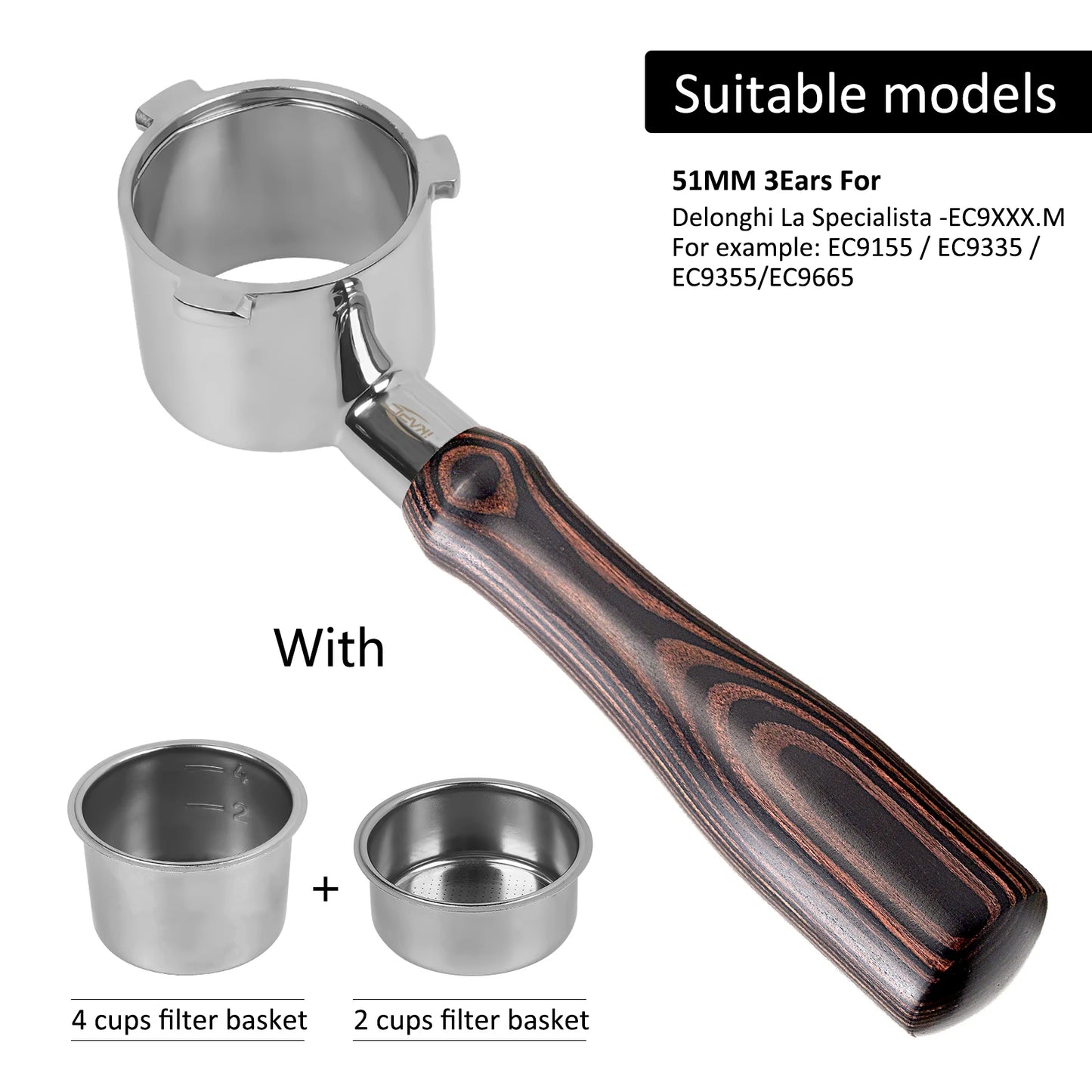 IKAPE portafiltro sin fondo para Delonghi, Barsetto, Berivlle, Lamarzocco, Flair58, ECM, Lelit, wega, mango de madera de color 51, 54, 58mm
