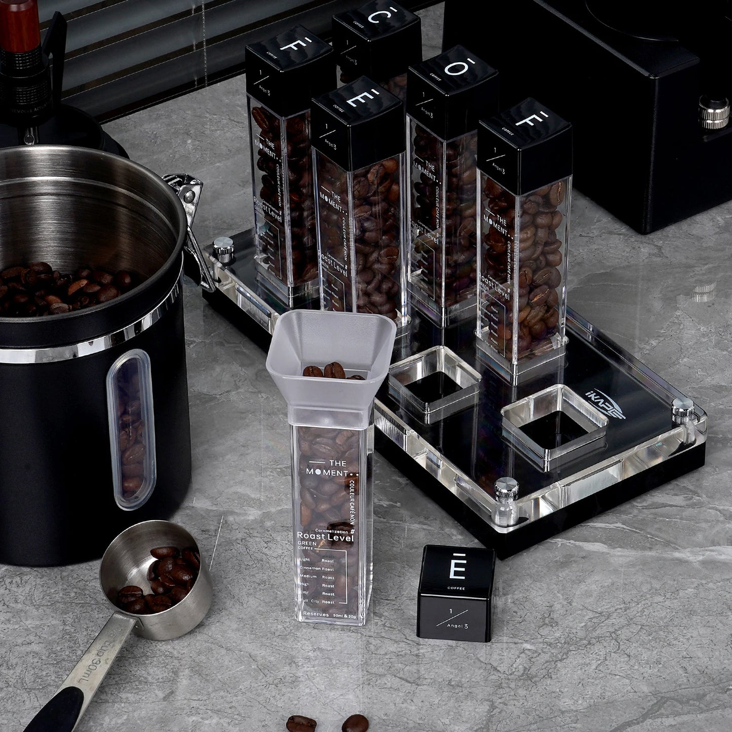 Tubo Dosificador de Café IKAPE – Set de 6 Tubos de Almacenamiento con Tolva para Granos de Café, Ideal para Medición y Organización