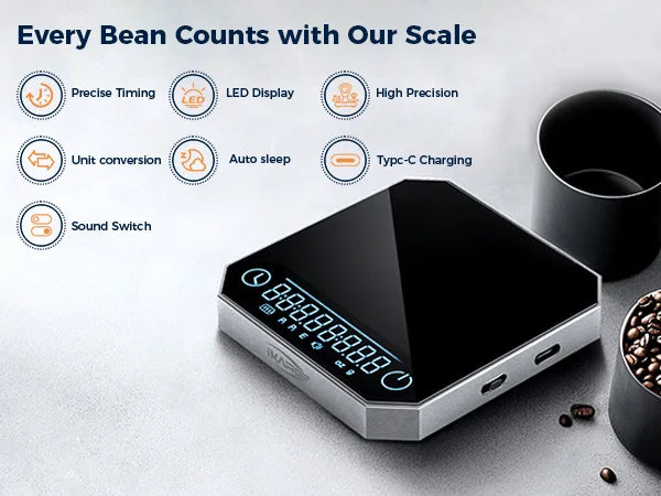 Balanza de Café Digital IKAPE Smart Palm V3 – Balanza Electrónica de Precisión 2 kg/0,1 g con Temporizador y Batería Recargable (Mini, Metal)