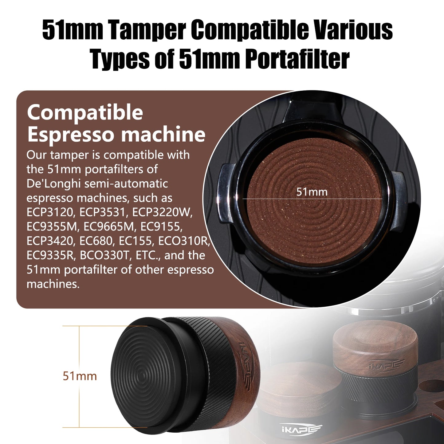 Tamper de Café IKAPE V4 de Madera – Prensador Calibrado con Base PVD de Titanio y Resorte Ajustable, Compatible con Portafiltros 51/54/58mm
