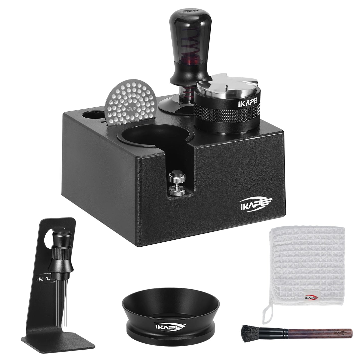 Kit de Herramientas para Espresso IKAPE 8 en 1 (Negro) – Tamper, Distribuidor, Embudo Magnético, Puck Screen y Estación para Portafiltros 51/53/58mm