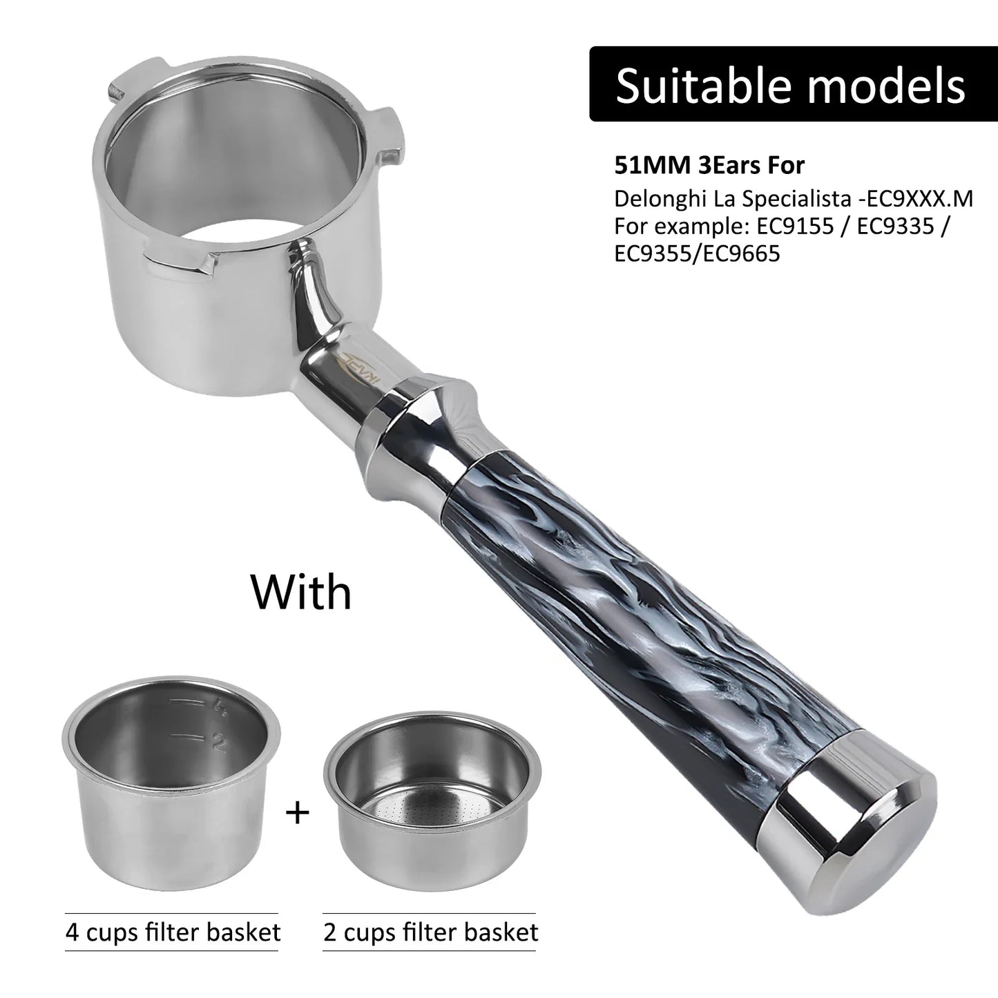 Portafiltro Sin Fondo IKAPE con Mango de Resina – Compatible con Delonghi, Barsetto, Breville, La Marzocco, Flair58, ECM, Wega (51/54/58mm)