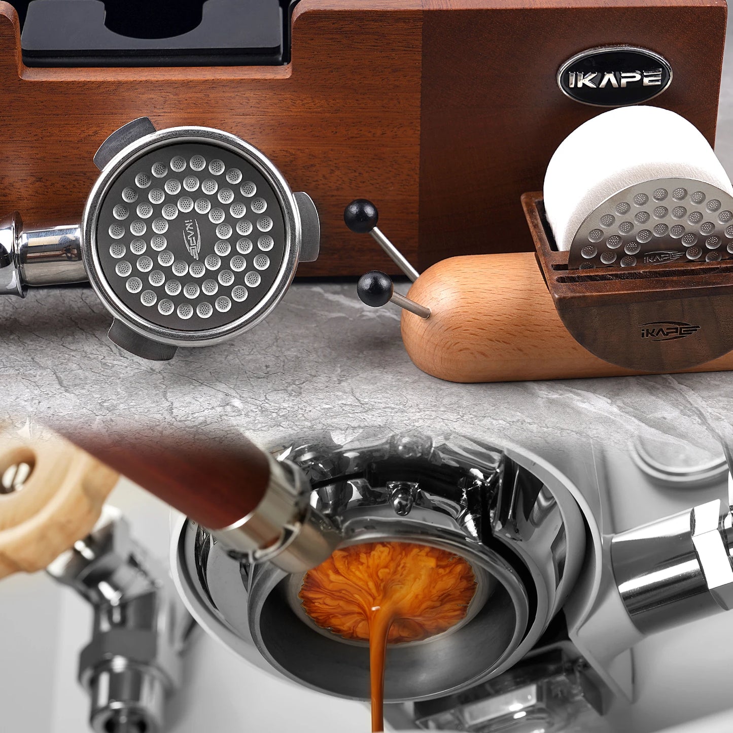"Kit de Filtros y Puck Screens para Espresso IKAPE – Organizador de Madera Estilo Caracol con 100 Filtros de Papel y 2 Pantallas de Disco Ultrafinas