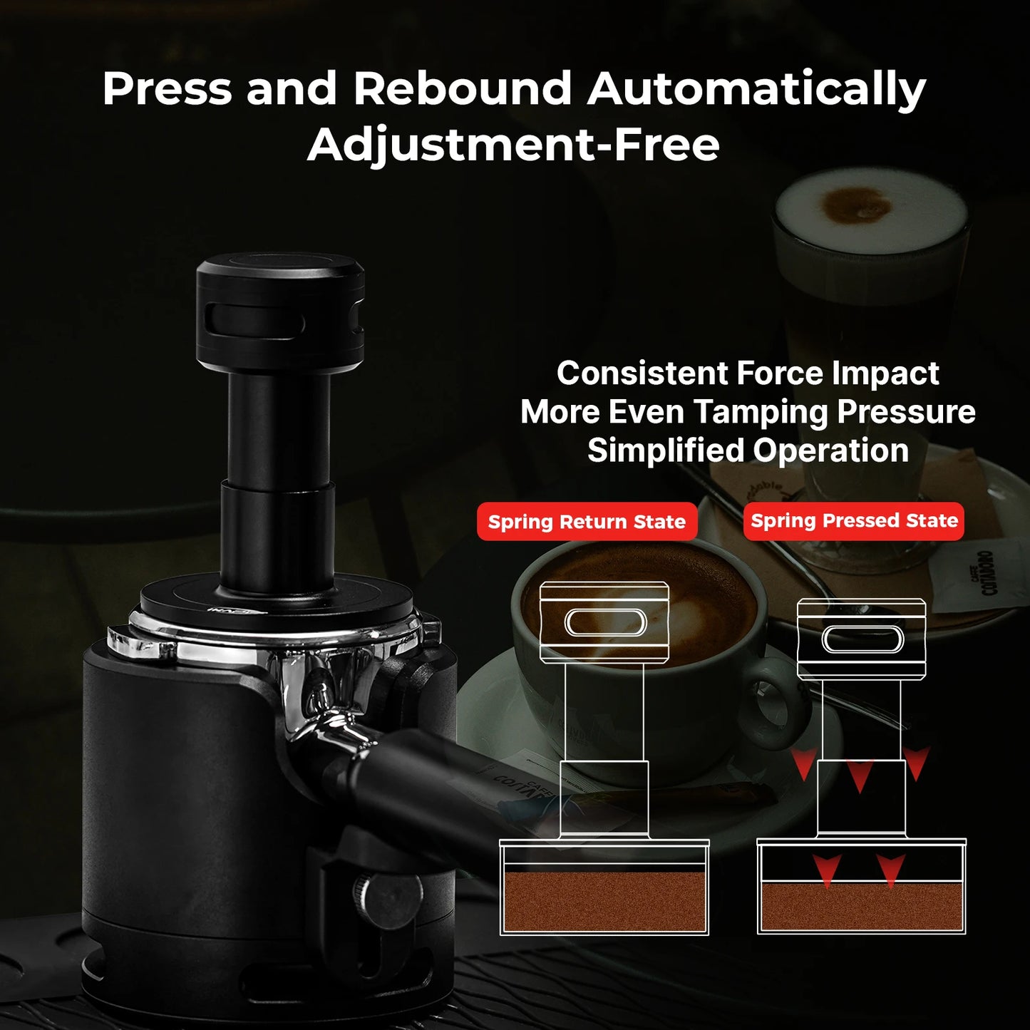 Tamper de Café IKAPE V5 – Prensador 51/54/58mm con Retroalimentación Sonora y Base de Acero Inoxidable con Resorte Calibrado para Baristas