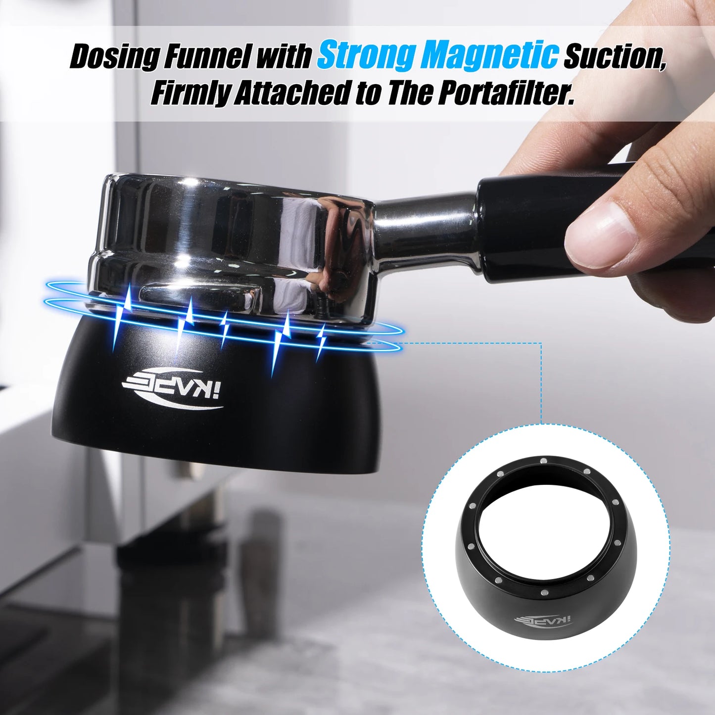 Set de Embudo Dosificador Magnético IKAPE – Anillo de Distribución y Puck Screen para Portafiltros Sin Fondo de 58mm con Imán de Alta Potencia