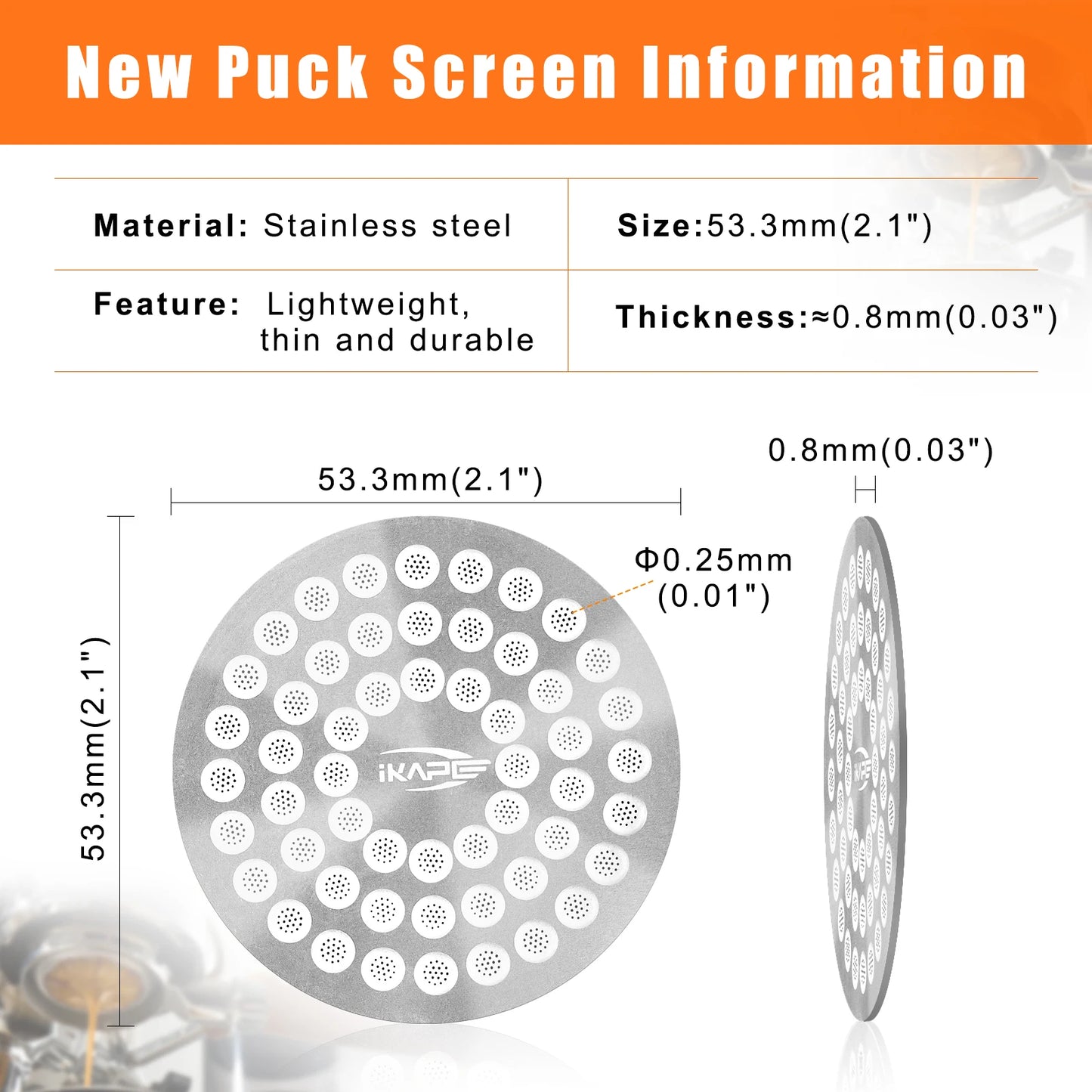 Pantalla de Disco para Espresso IKAPE Puck Screen V2 – Filtro Ultrafino Reutilizable de Acero Inoxidable 304 de 0,8 mm (Calidad Alimentaria)