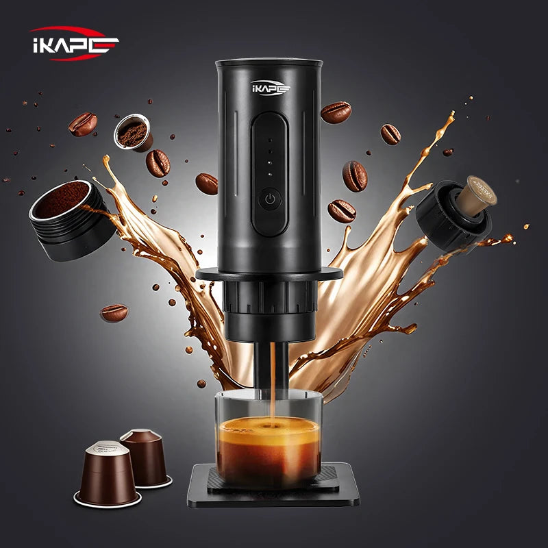 Máquina de Café Espresso Portátil IKAPE 2 en 1 – Compatible con Cápsulas y Café Molido, Extracción de Alta Presión para Viajes y Camping