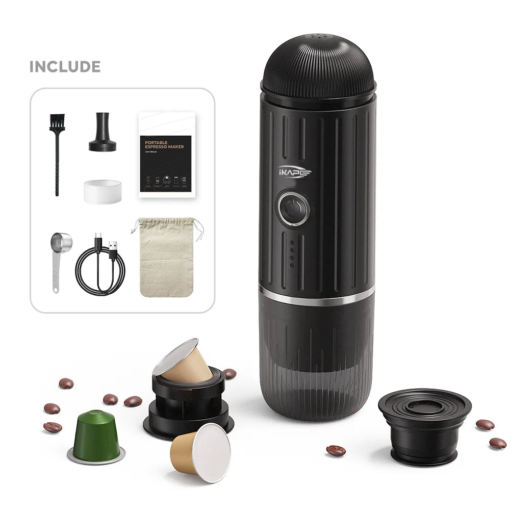 Cafetera Espresso Eléctrica Portátil IKAPE – Compatible con Cápsulas y Café Molido, Agua Caliente/Fría para Camping, Senderismo y Hogar