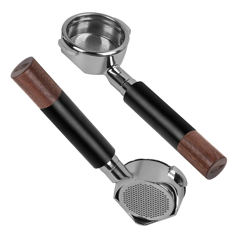 Portafiltro Sin Fondo IKAPE 51/54/58mm – Mango de Nogal y Acero Inoxidable con Cesta de Precisión para Espresso Profesional (Negro)