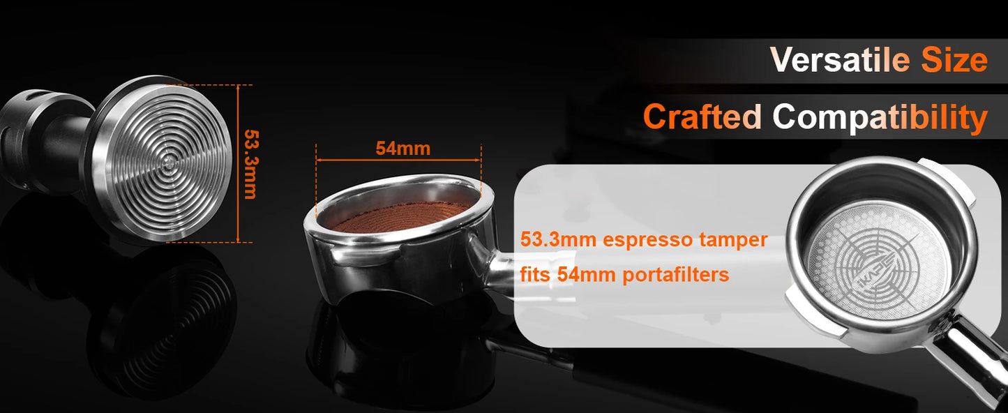 Tamper de Café IKAPE V5 – Prensador 51/54/58mm con Retroalimentación Sonora y Base de Acero Inoxidable con Resorte Calibrado para Baristas