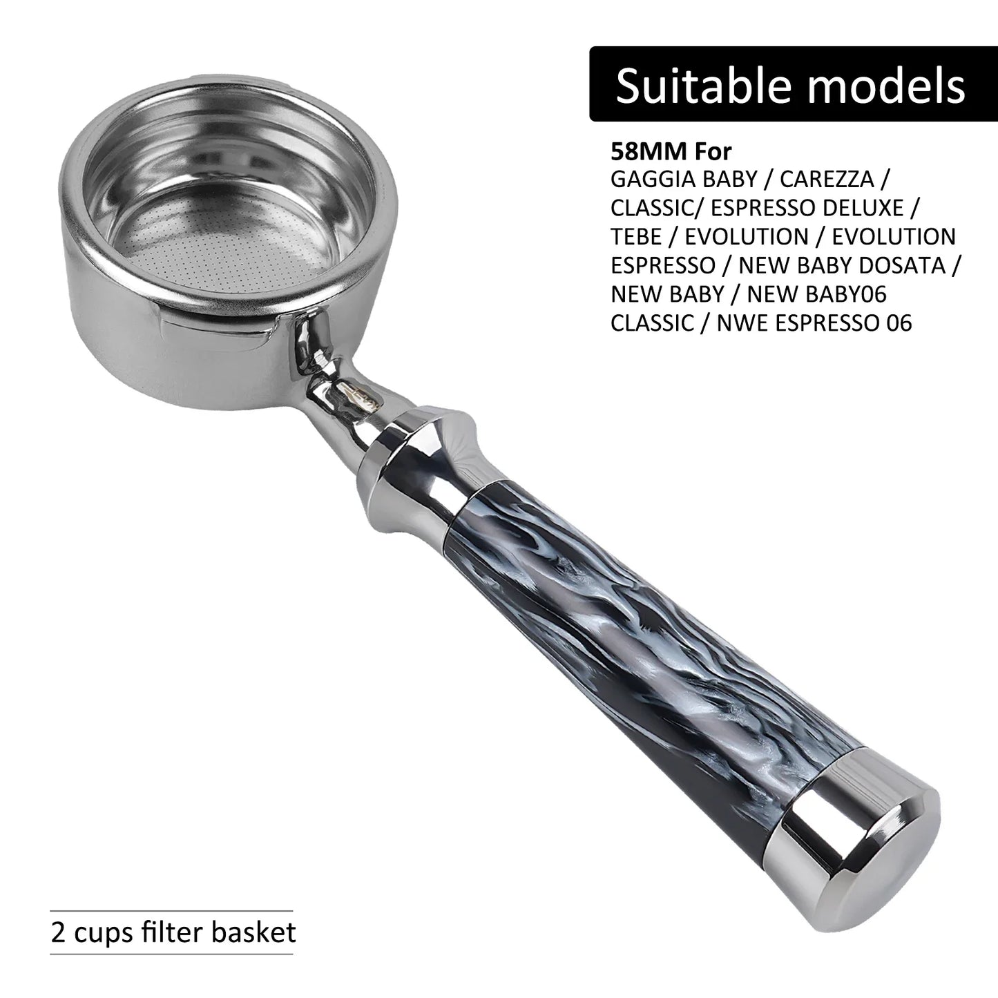 Portafiltro Sin Fondo IKAPE con Mango de Resina – Compatible con Delonghi, Barsetto, Breville, La Marzocco, Flair58, ECM, Wega (51/54/58mm)