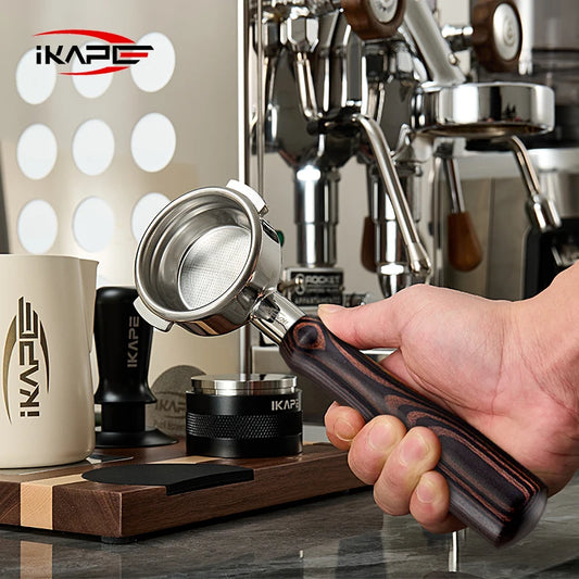 IKAPE portafiltro sin fondo para Delonghi, Barsetto, Berivlle, Lamarzocco, Flair58, ECM, Lelit, wega, mango de madera de color 51, 54, 58mm