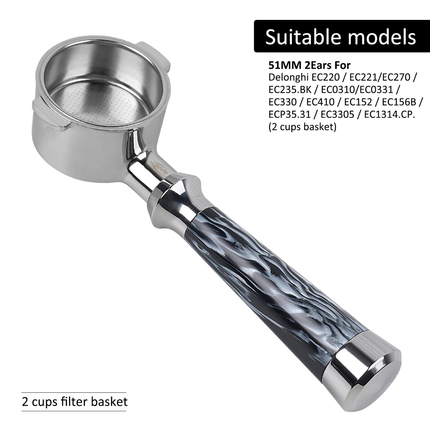 Portafiltro Sin Fondo IKAPE con Mango de Resina – Compatible con Delonghi, Barsetto, Breville, La Marzocco, Flair58, ECM, Wega (51/54/58mm)