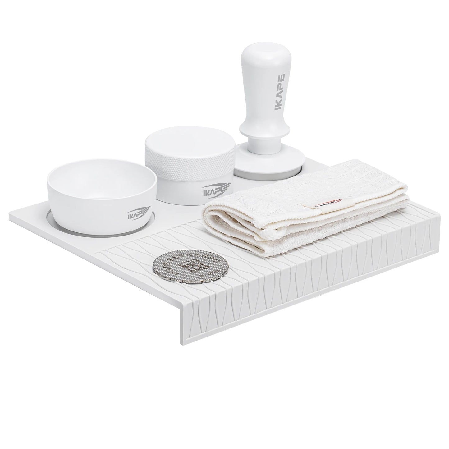 Kit de Café Espresso IKAPE 6 en 1 (Blanco) – Tamper, Distribuidor y Tapete de Silicona para Portafiltros 51/53/58mm