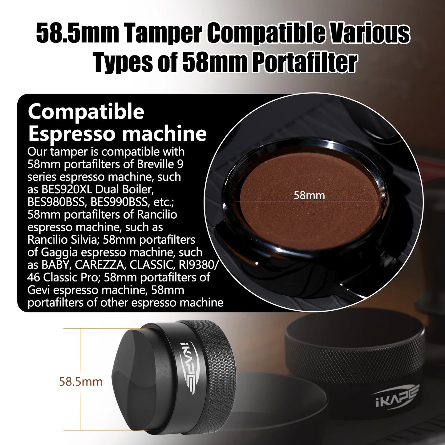 Distribuidor de Café Espresso IKAPE 51/54/58mm – Distribuidor por Gravedad con Base PVD de Titanio para Portafiltros Universales