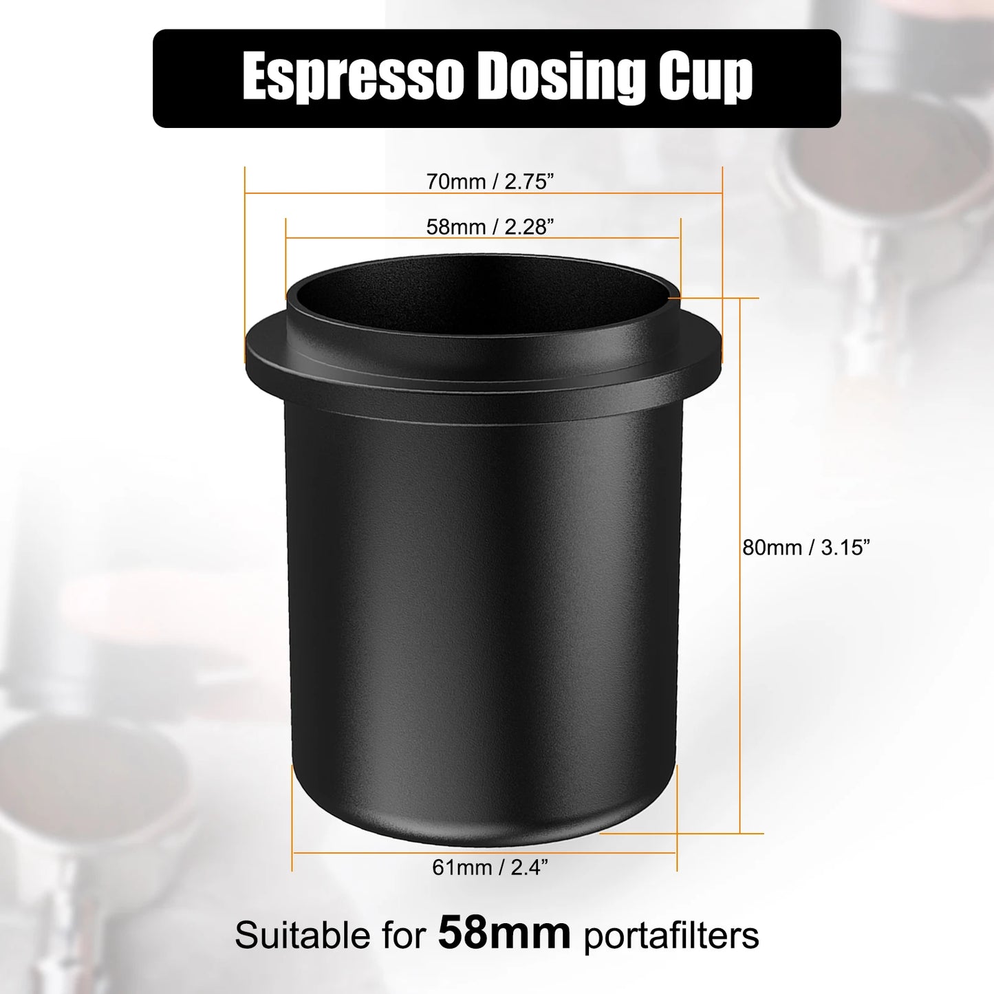 Taza Dosificadora de Espresso IKAPE (Negra) – Compatible con Portafiltros de 51 mm a 58 mm, Accesorio de Aluminio para Café Espresso