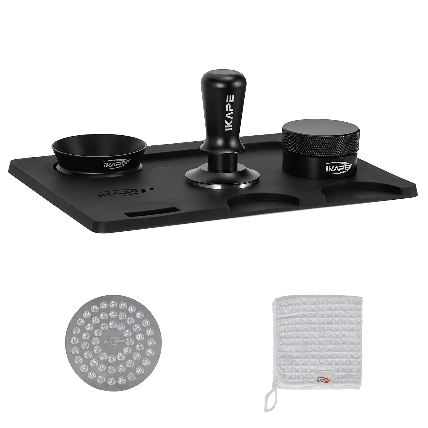 Kit de Herramientas para Espresso IKAPE 6 en 1 (Negro) – Tamper, Distribuidor y Embudo Dosificador Magnético para Portafiltros 51/53.3/58mm