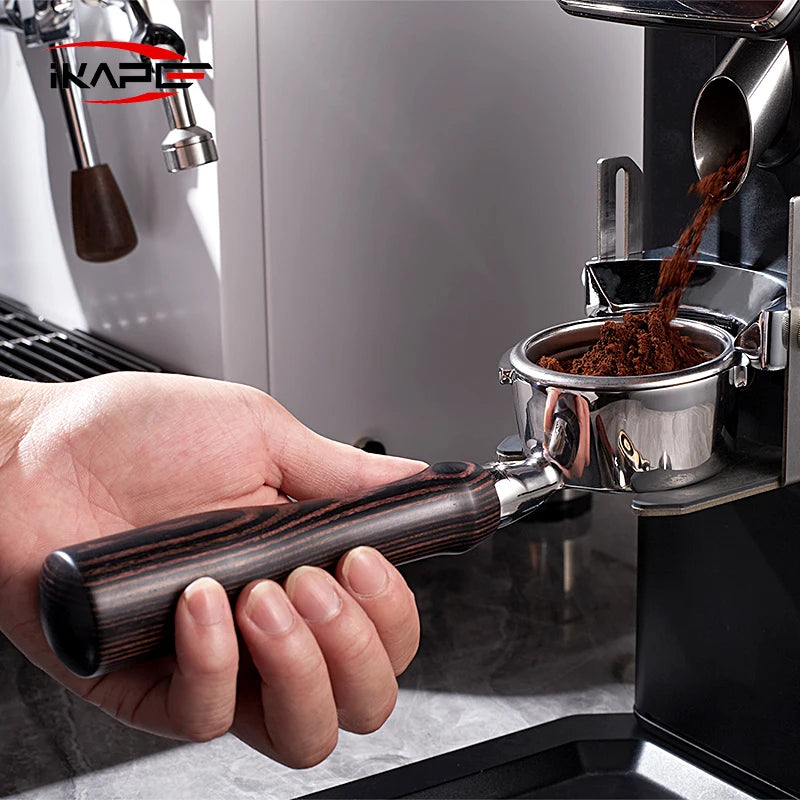 IKAPE portafiltro sin fondo para Delonghi, Barsetto, Berivlle, Lamarzocco, Flair58, ECM, Lelit, wega, mango de madera de color 51, 54, 58mm