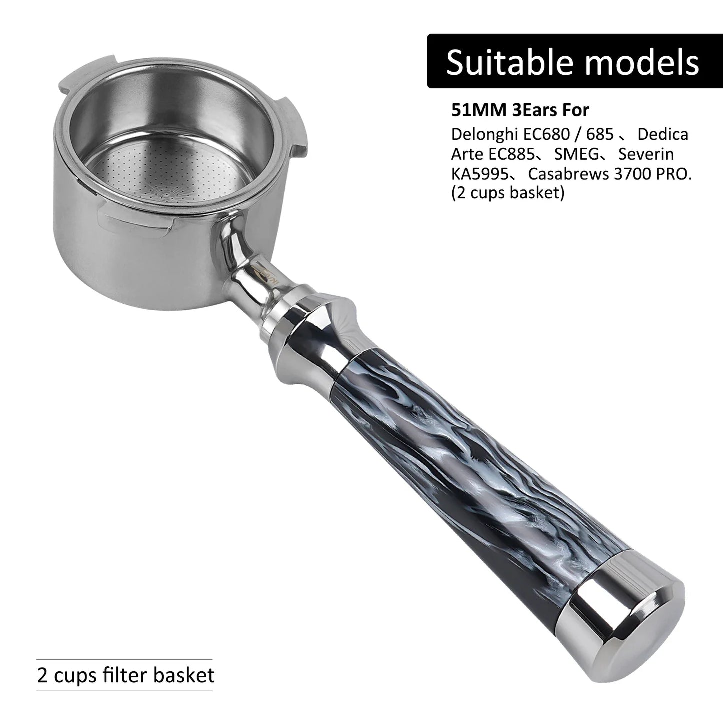 Portafiltro Sin Fondo IKAPE con Mango de Resina – Compatible con Delonghi, Barsetto, Breville, La Marzocco, Flair58, ECM, Wega (51/54/58mm)