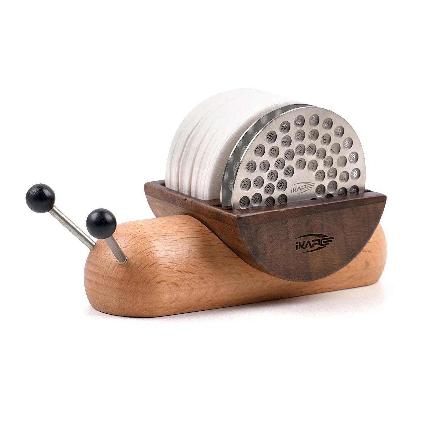 "Kit de Filtros y Puck Screens para Espresso IKAPE – Organizador de Madera Estilo Caracol con 100 Filtros de Papel y 2 Pantallas de Disco Ultrafinas