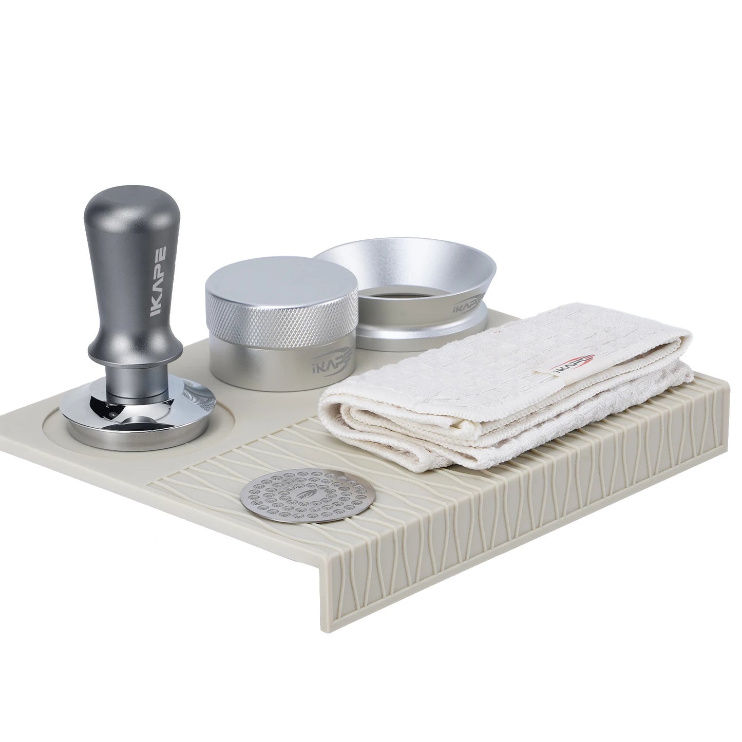 Kit de Café Espresso IKAPE 6 en 1 (Blanco) – Tamper, Distribuidor y Tapete de Silicona para Portafiltros 51/53/58mm