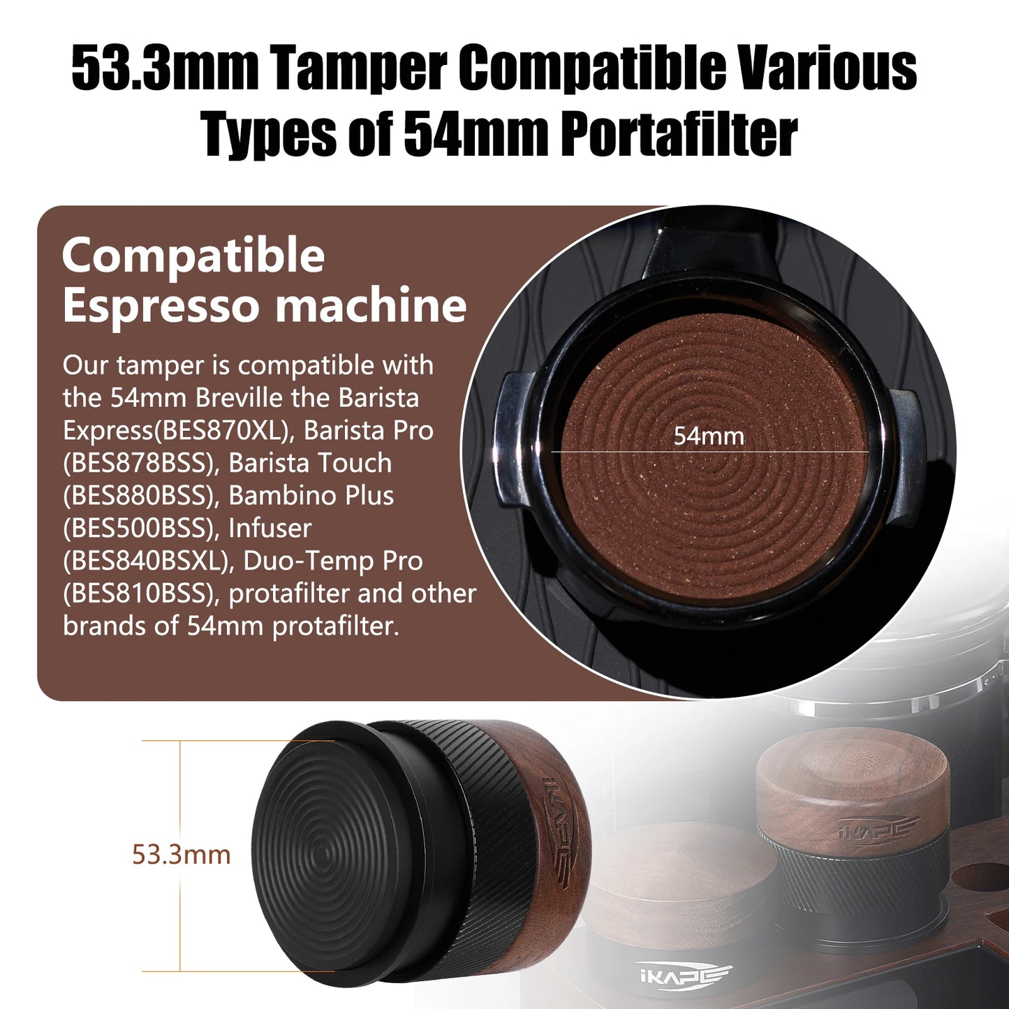 Tamper de Café IKAPE V4 de Madera – Prensador Calibrado con Base PVD de Titanio y Resorte Ajustable, Compatible con Portafiltros 51/54/58mm