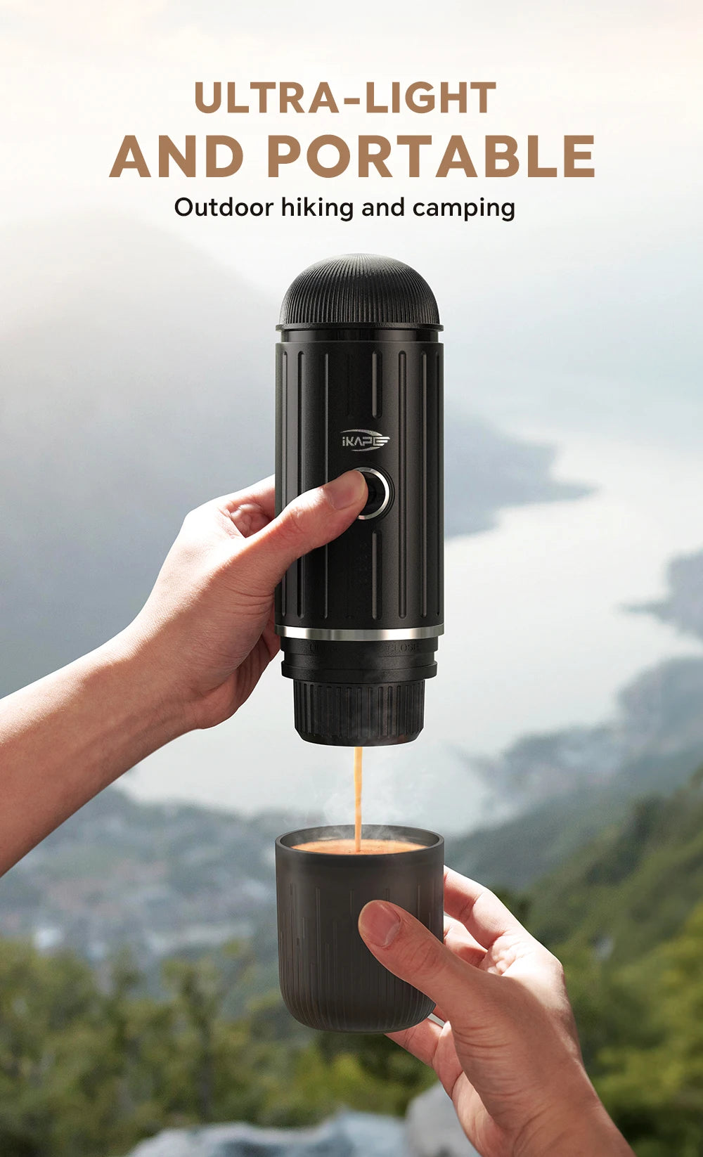 Cafetera Espresso Eléctrica Portátil IKAPE – Compatible con Cápsulas y Café Molido, Agua Caliente/Fría para Camping, Senderismo y Hogar