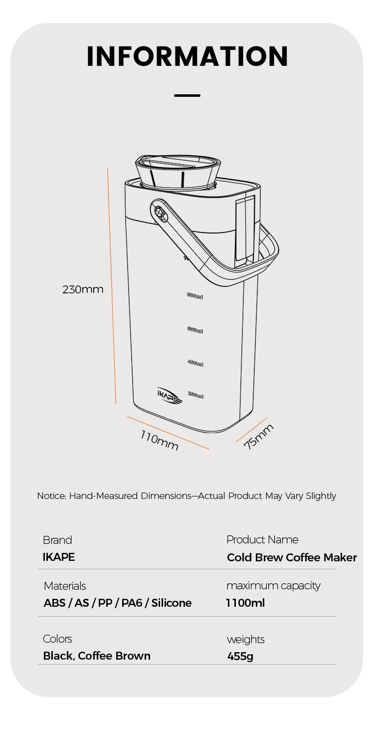 IKAPE 1L cafetera de preparación fría jugo té filtro hervidor de agua hogar, cafetera de diseño desmontable, botella de agua para acampar al aire libre