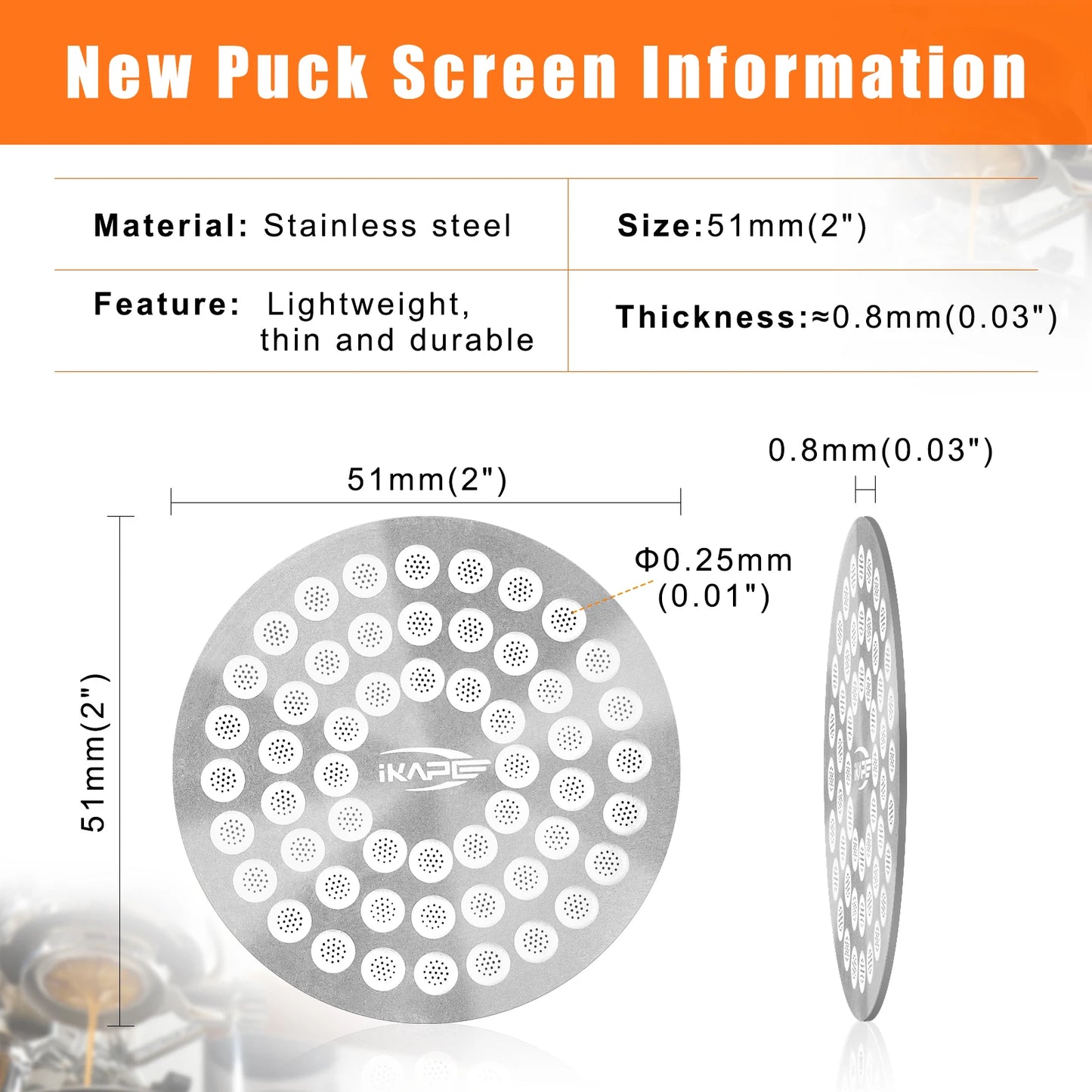 Pantalla de Disco para Espresso IKAPE Puck Screen V2 – Filtro Ultrafino Reutilizable de Acero Inoxidable 304 de 0,8 mm (Calidad Alimentaria)