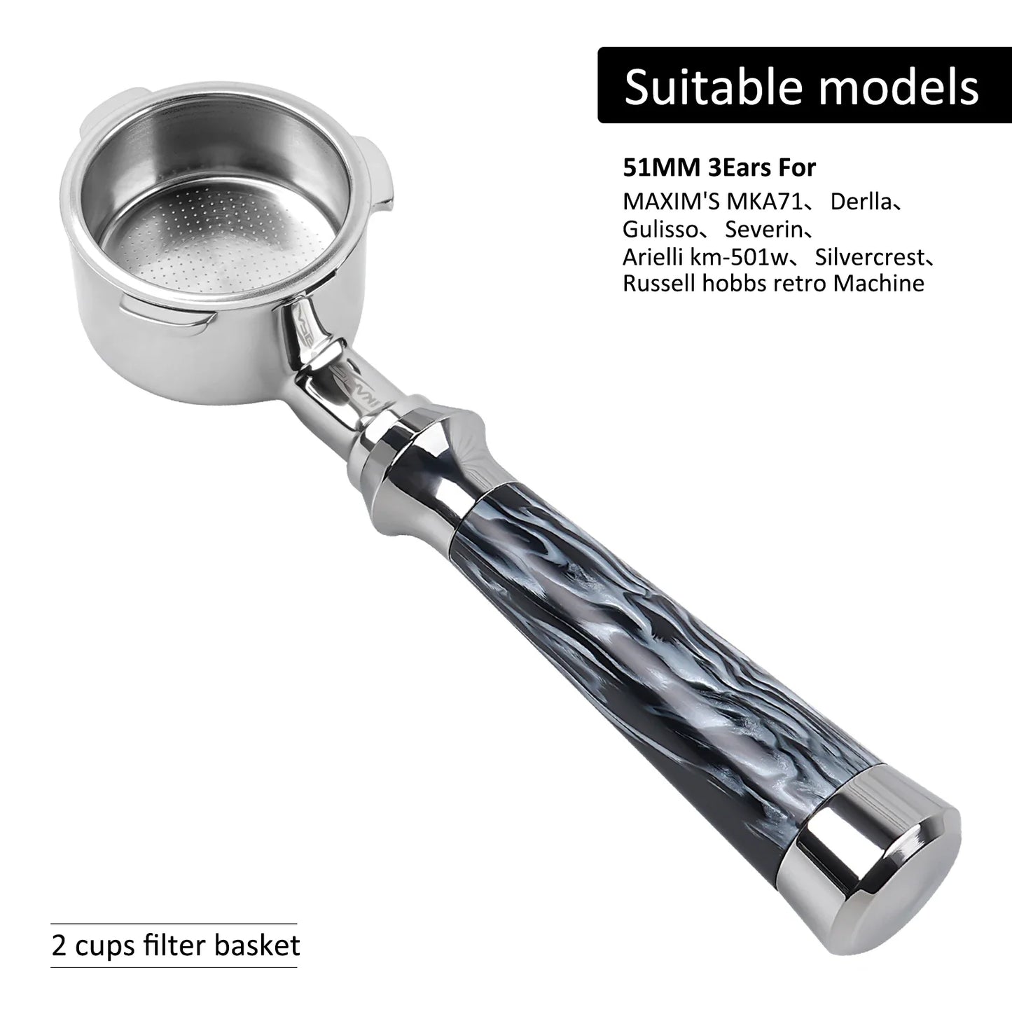 Portafiltro Sin Fondo IKAPE con Mango de Resina – Compatible con Delonghi, Barsetto, Breville, La Marzocco, Flair58, ECM, Wega (51/54/58mm)