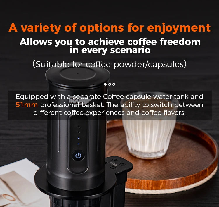 Máquina de Café Espresso Portátil IKAPE 2 en 1 – Compatible con Cápsulas y Café Molido, Extracción de Alta Presión para Viajes y Camping