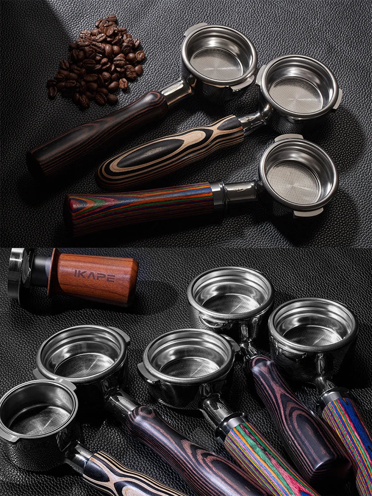 IKAPE portafiltro sin fondo para Delonghi, Barsetto, Berivlle, Lamarzocco, Flair58, ECM, Lelit, wega, mango de madera de color 51, 54, 58mm